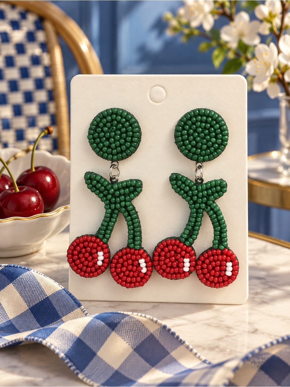 Beaded‎ Cherry Dangle Earrings Red With Green Stems. New.